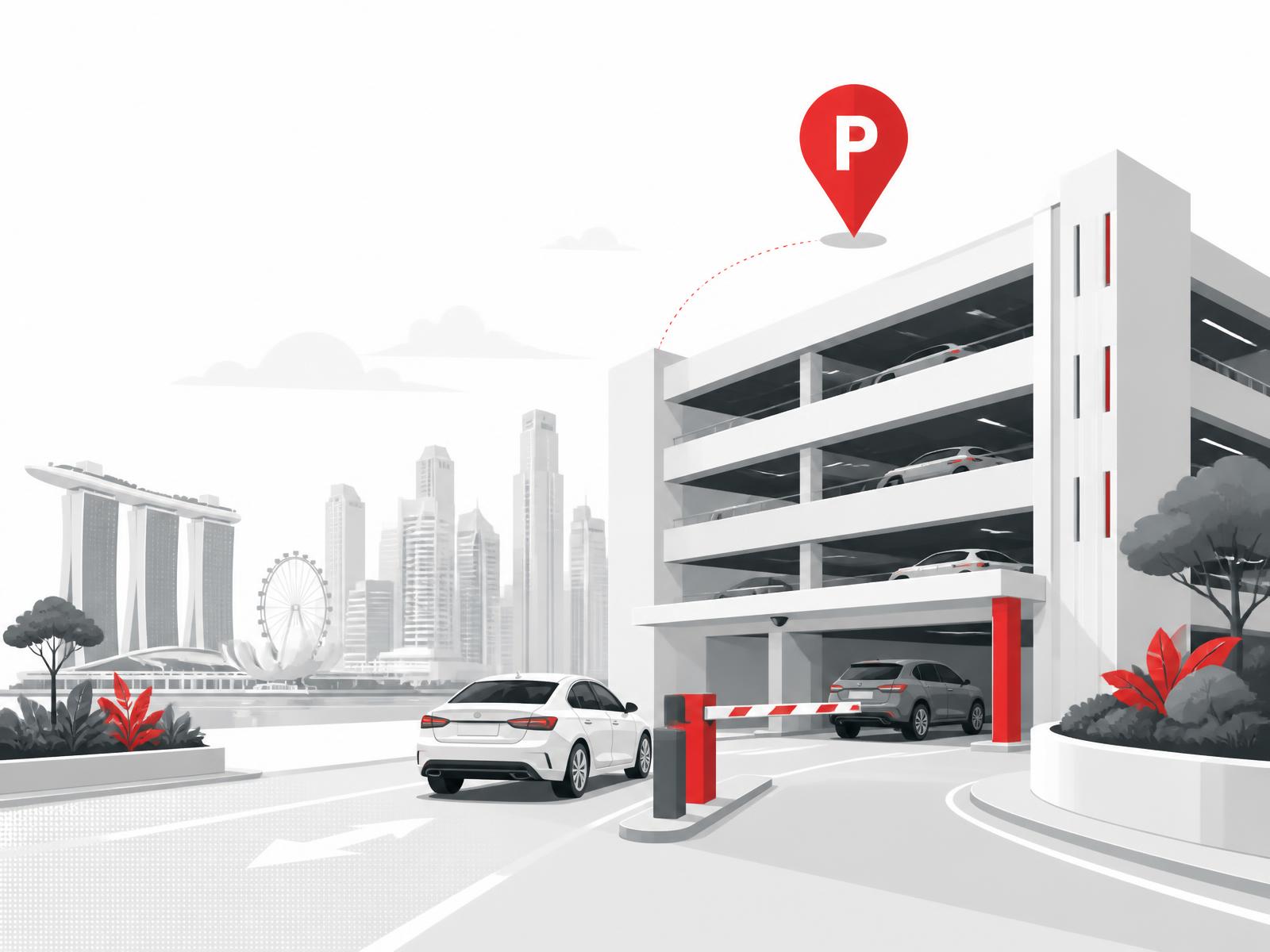 Illustration of a car entering a multi-storey car park with the Singapore skyline behind it