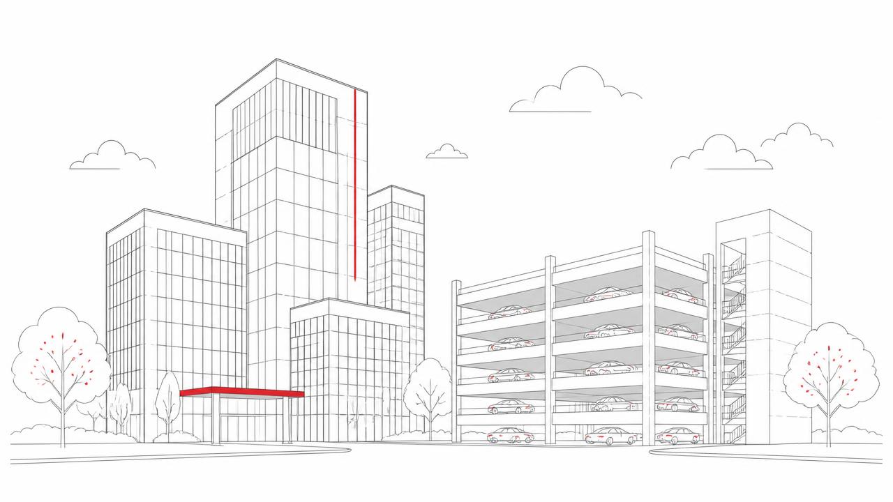 Line illustration of office towers beside a multi-storey car park